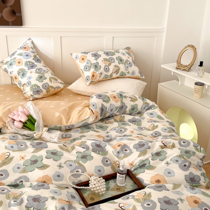 91家纺网 家纺一手货源 找家纺 昔可家纺 2022新款13372全棉普通款花花系列四件套 百合铃兰绿