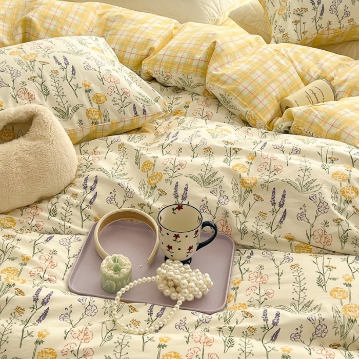 91家纺网 家纺一手货源 找家纺 昔可家纺 2022新款13372全棉普通款花花系列四件套 彩绘花