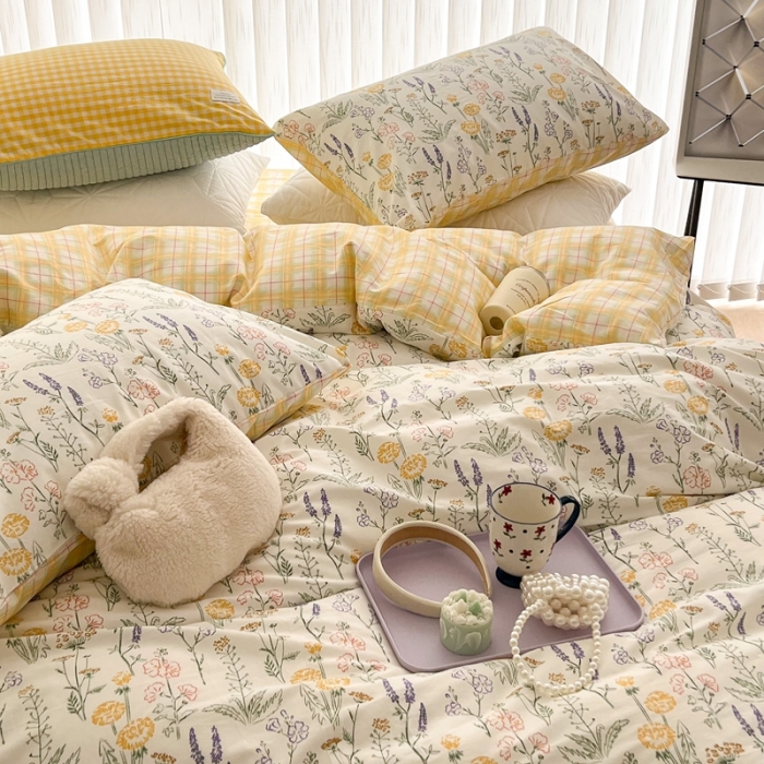 91家纺网 家纺一手货源 找家纺 昔可家纺 2022新款13372全棉普通款花花系列四件套 彩绘花