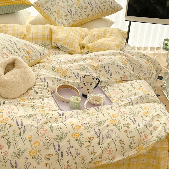 91家纺网 家纺一手货源 找家纺 昔可家纺 2022新款13372全棉普通款花花系列四件套 彩绘花