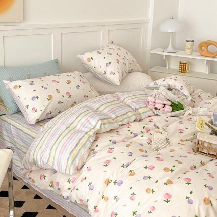 昔可家纺 2022新款13372全棉普通款花花系列四件套 彩色小郁金香