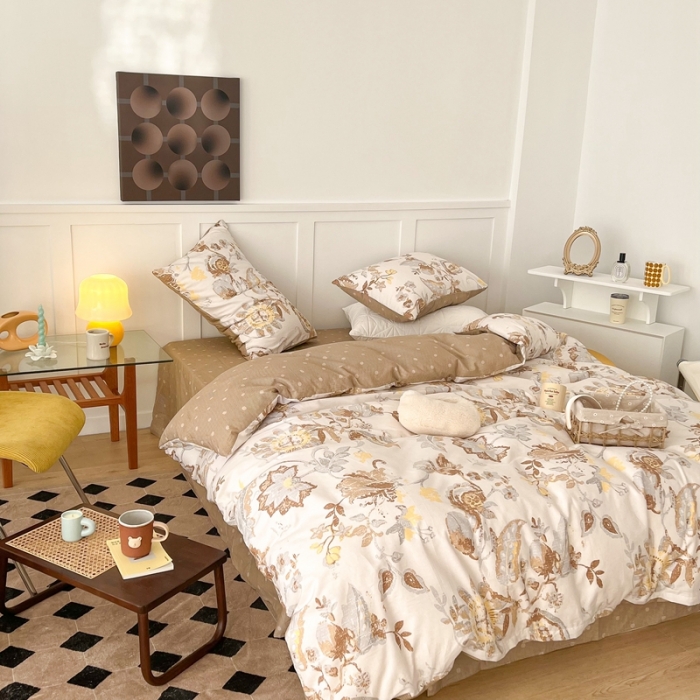 91家纺网 家纺一手货源 找家纺 昔可家纺 2022新款13372全棉普通款花花系列四件套 复古咖花