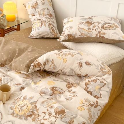 昔可家纺 2022新款13372全棉普通款花花系列四件套 复古咖花