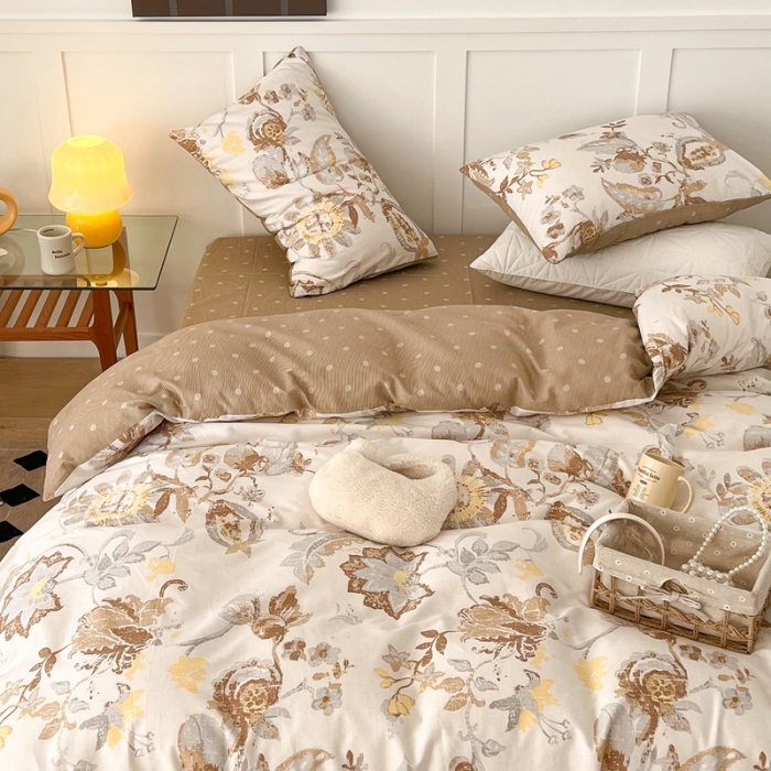 91家纺网 家纺一手货源 找家纺 昔可家纺 2022新款13372全棉普通款花花系列四件套 复古咖花