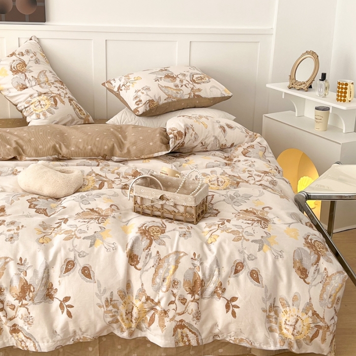 91家纺网 家纺一手货源 找家纺 昔可家纺 2022新款13372全棉普通款花花系列四件套 复古咖花