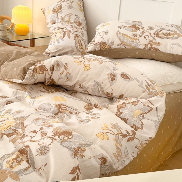 91家纺网 家纺一手货源 找家纺 昔可家纺 2022新款13372全棉普通款花花系列四件套 复古咖花