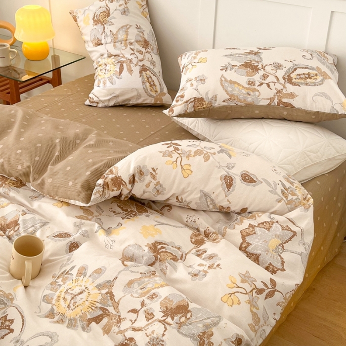 91家纺网 家纺一手货源 找家纺 昔可家纺 2022新款13372全棉普通款花花系列四件套 复古咖花