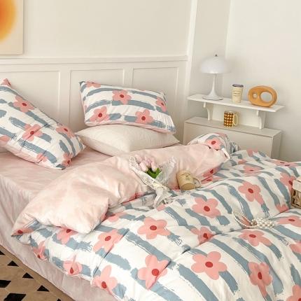 昔可家纺 2022新款13372全棉普通款花花系列四件套 竖条粉花花