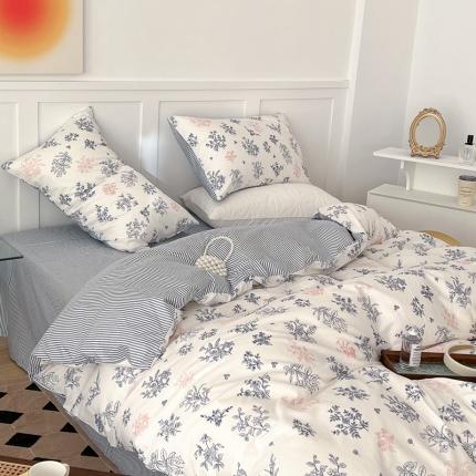 昔可家纺 2022新款13372全棉普通款花花系列四件套 素描水墨花蓝