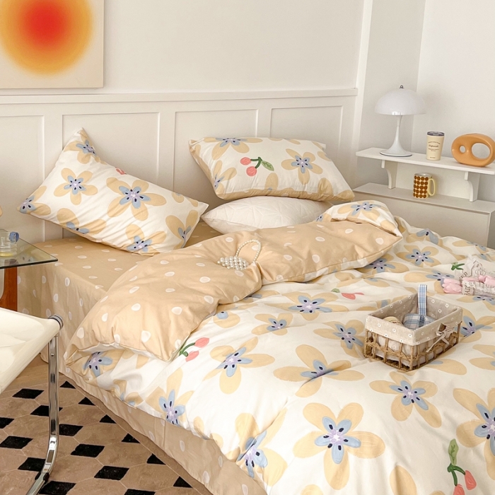91家纺网 家纺一手货源 找家纺 昔可家纺 2022新款13372全棉普通款花花系列四件套 油画樱桃花 黄