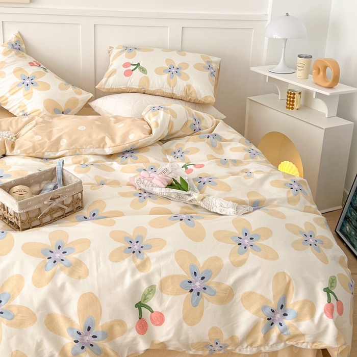 91家纺网 家纺一手货源 找家纺 昔可家纺 2022新款13372全棉普通款花花系列四件套 油画樱桃花 黄