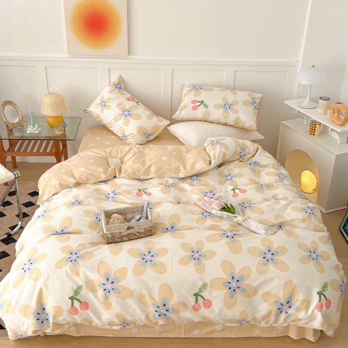 91家纺网 家纺一手货源 找家纺 昔可家纺 2022新款13372全棉普通款花花系列四件套 油画樱桃花 黄