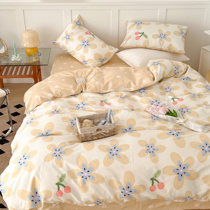 91家纺网 家纺一手货源 找家纺 昔可家纺 2022新款13372全棉普通款花花系列四件套 油画樱桃花 黄