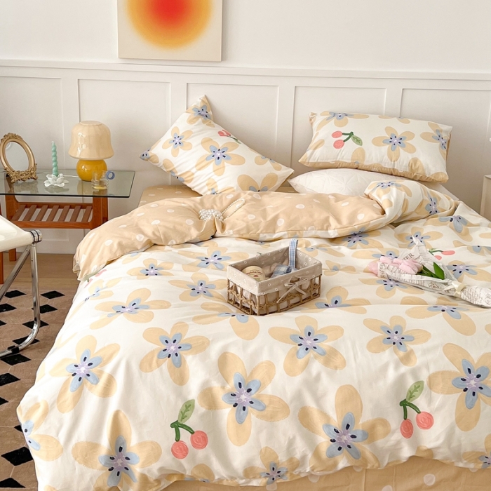 91家纺网 家纺一手货源 找家纺 昔可家纺 2022新款13372全棉普通款花花系列四件套 油画樱桃花 黄