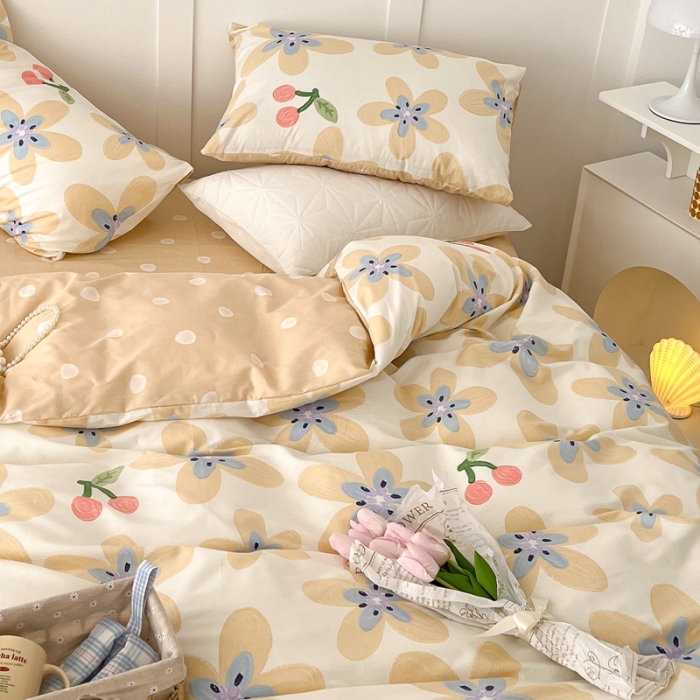 91家纺网 家纺一手货源 找家纺 昔可家纺 2022新款13372全棉普通款花花系列四件套 油画樱桃花 黄