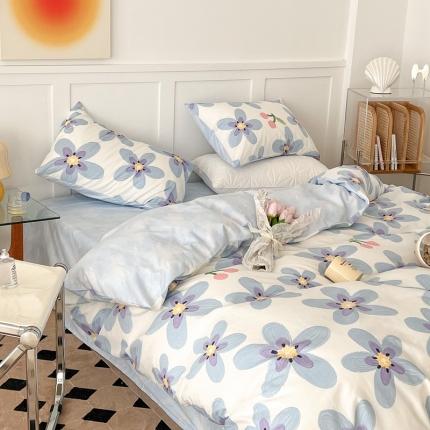 昔可家纺 2022新款13372全棉普通款花花系列四件套 油画樱桃花 蓝