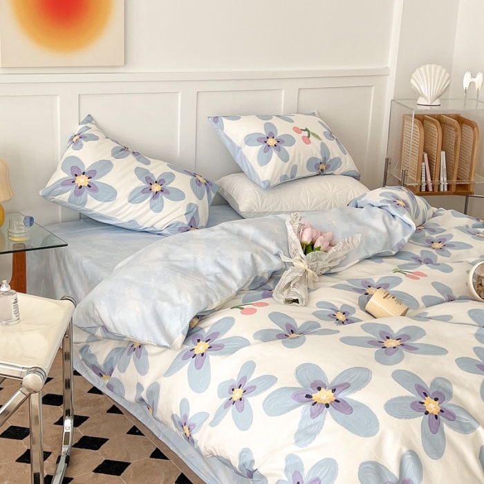 91家纺网 家纺一手货源 找家纺 昔可家纺 2022新款13372全棉普通款花花系列四件套 油画樱桃花 蓝