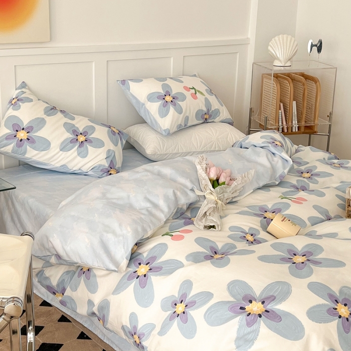 91家纺网 家纺一手货源 找家纺 昔可家纺 2022新款13372全棉普通款花花系列四件套 油画樱桃花 蓝