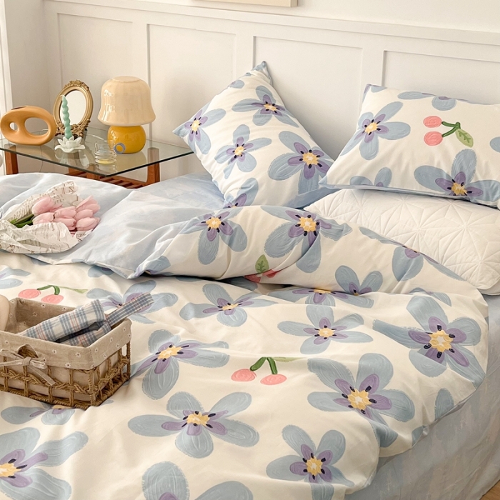 91家纺网 家纺一手货源 找家纺 昔可家纺 2022新款13372全棉普通款花花系列四件套 油画樱桃花 蓝