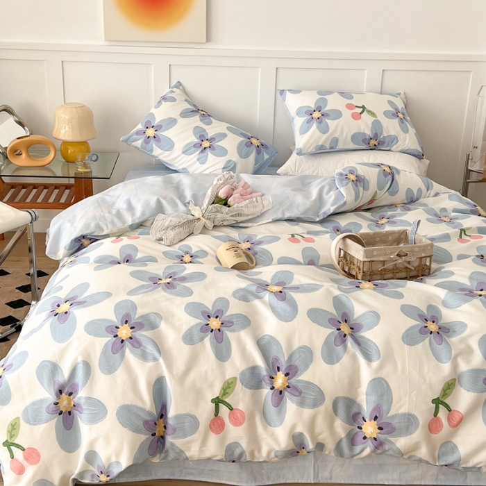 91家纺网 家纺一手货源 找家纺 昔可家纺 2022新款13372全棉普通款花花系列四件套 油画樱桃花 蓝