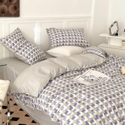 91家纺网 家纺一手货源 找家纺 昔可家纺 2022新款13372全棉普通款简约ins四件套 渐变蓝方块