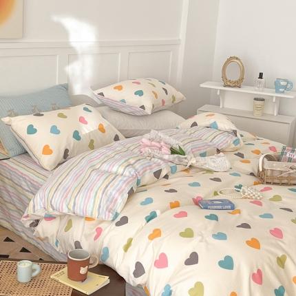 昔可家纺 2022新款13372全棉普通款简约ins四件套 彩色心