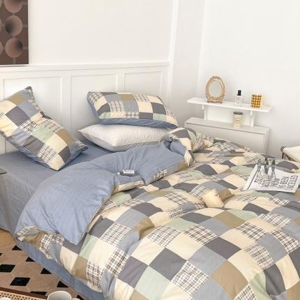 昔可家纺 2022新款13372全棉普通款简约ins四件套 拼接格