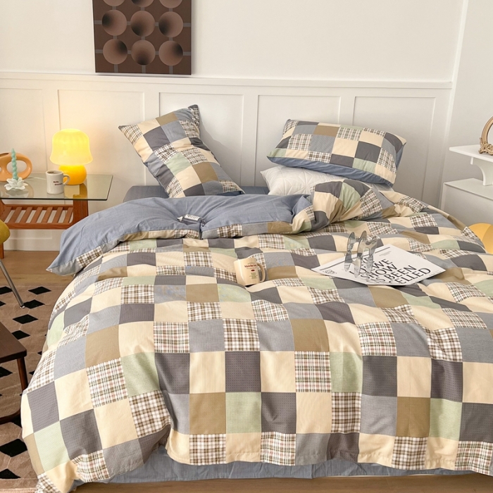 91家纺网 家纺一手货源 找家纺 昔可家纺 2022新款13372全棉普通款简约ins四件套 拼接格