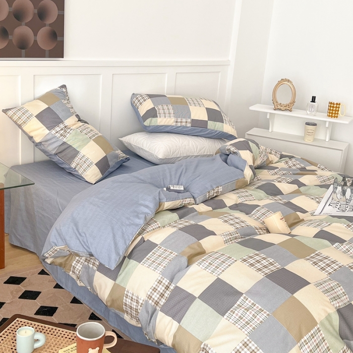 91家纺网 家纺一手货源 找家纺 昔可家纺 2022新款13372全棉普通款简约ins四件套 拼接格