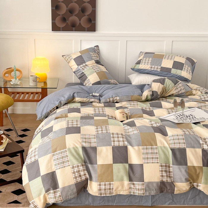 91家纺网 家纺一手货源 找家纺 昔可家纺 2022新款13372全棉普通款简约ins四件套 拼接格