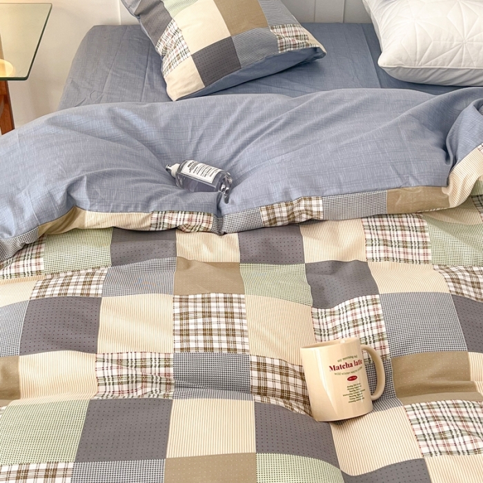 91家纺网 家纺一手货源 找家纺 昔可家纺 2022新款13372全棉普通款简约ins四件套 拼接格