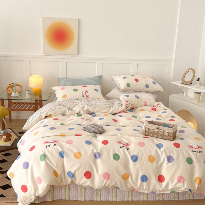 91家纺网 家纺一手货源 找家纺 昔可家纺 2022新款13372全棉普通款简约ins四件套 微笑彩波点