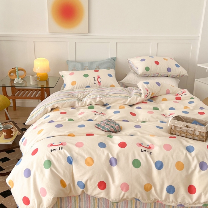 91家纺网 家纺一手货源 找家纺 昔可家纺 2022新款13372全棉普通款简约ins四件套 微笑彩波点