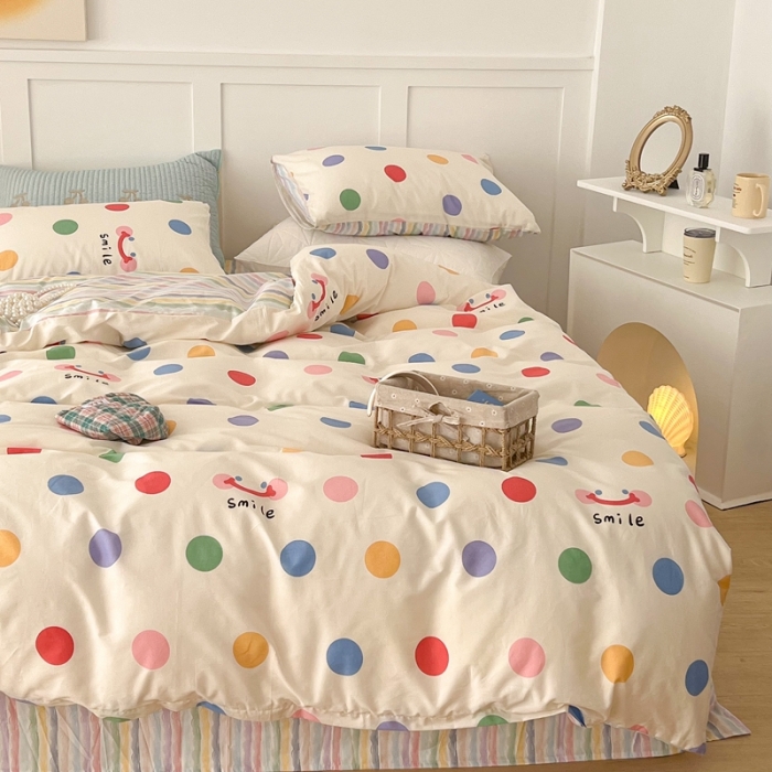 91家纺网 家纺一手货源 找家纺 昔可家纺 2022新款13372全棉普通款简约ins四件套 微笑彩波点