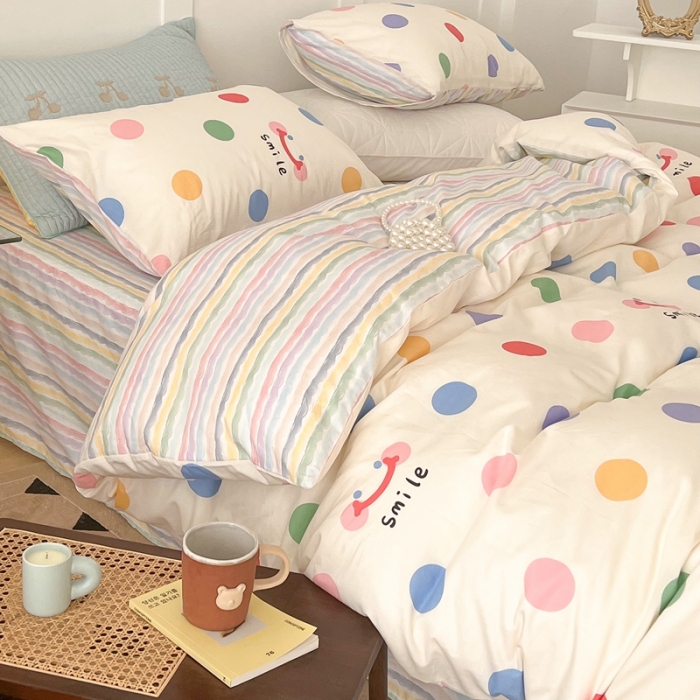 91家纺网 家纺一手货源 找家纺 昔可家纺 2022新款13372全棉普通款简约ins四件套 微笑彩波点