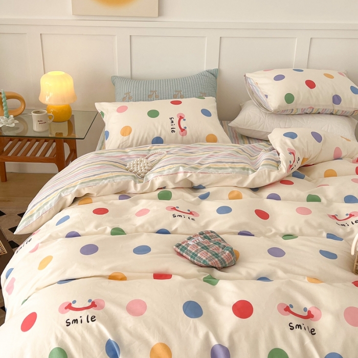 91家纺网 家纺一手货源 找家纺 昔可家纺 2022新款13372全棉普通款简约ins四件套 微笑彩波点