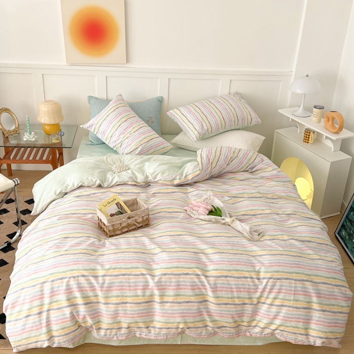 91家纺网 家纺一手货源 找家纺 昔可家纺 2022新款13372全棉普通款简约ins四件套 小小彩虹条