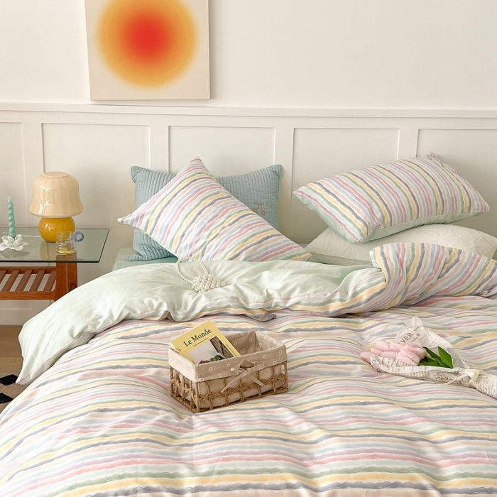 91家纺网 家纺一手货源 找家纺 昔可家纺 2022新款13372全棉普通款简约ins四件套 小小彩虹条