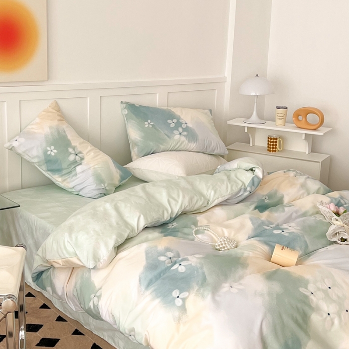 91家纺网 家纺一手货源 找家纺 昔可家纺 2022新款13372全棉普通款简约ins四件套 晕染绿