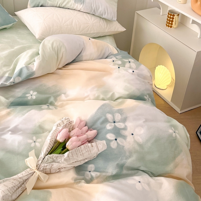 91家纺网 家纺一手货源 找家纺 昔可家纺 2022新款13372全棉普通款简约ins四件套 晕染绿