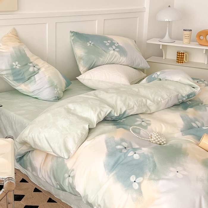 91家纺网 家纺一手货源 找家纺 昔可家纺 2022新款13372全棉普通款简约ins四件套 晕染绿