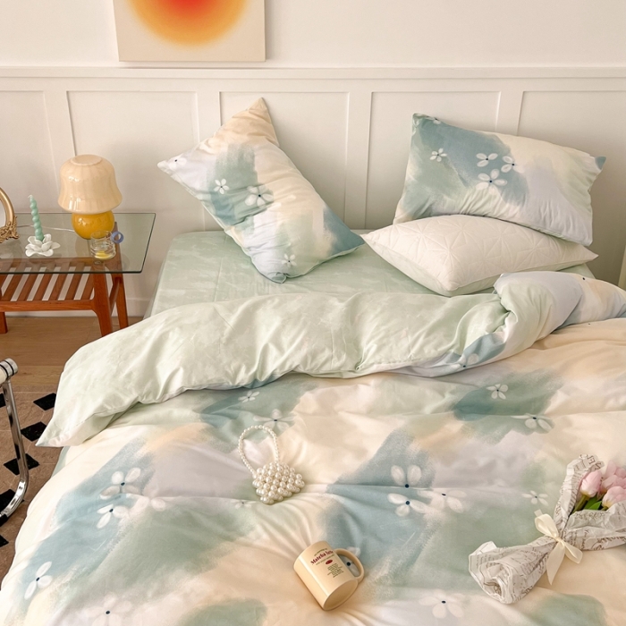 91家纺网 家纺一手货源 找家纺 昔可家纺 2022新款13372全棉普通款简约ins四件套 晕染绿