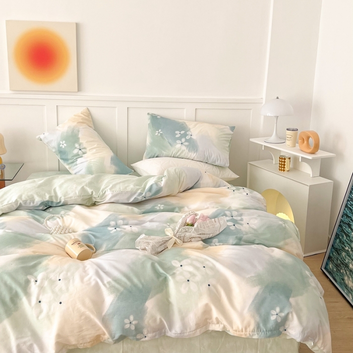 91家纺网 家纺一手货源 找家纺 昔可家纺 2022新款13372全棉普通款简约ins四件套 晕染绿