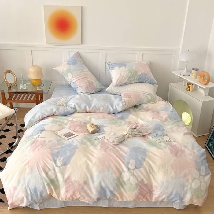 91家纺网 家纺一手货源 找家纺 昔可家纺 2022新款13372全棉普通款简约ins四件套 晕染马卡龙色