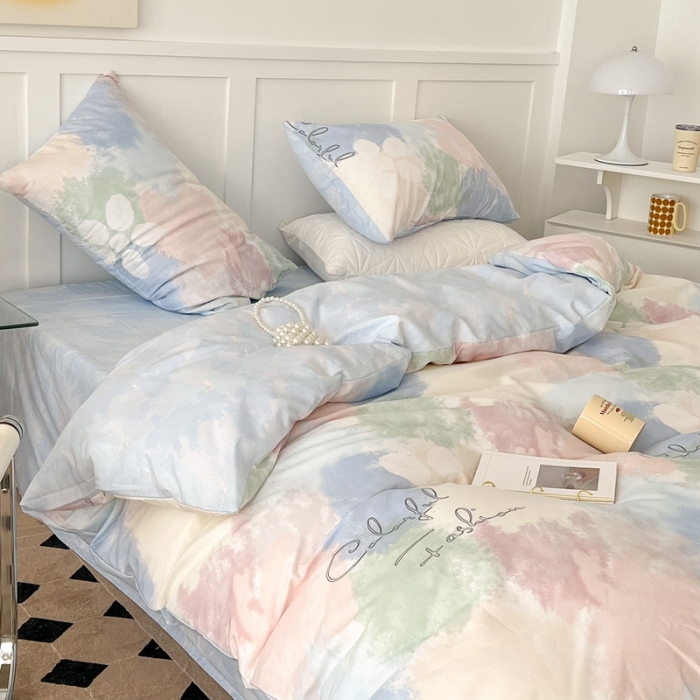 91家纺网 家纺一手货源 找家纺 昔可家纺 2022新款13372全棉普通款简约ins四件套 晕染马卡龙色