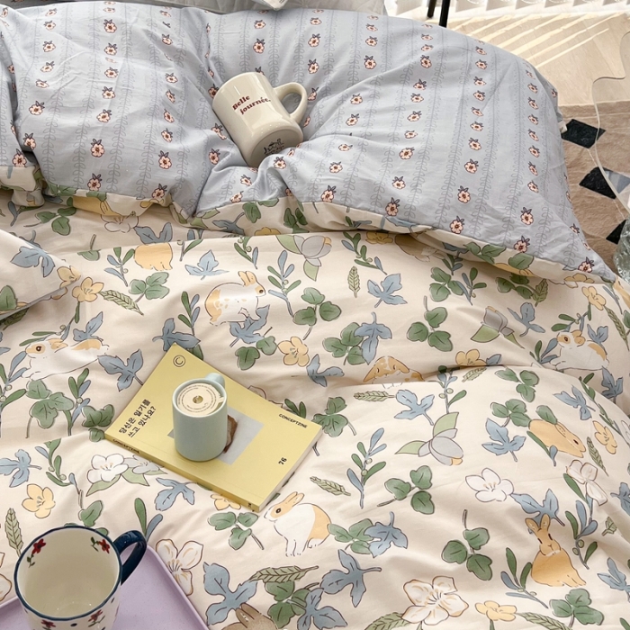 91家纺网 家纺一手货源 找家纺 昔可家纺 2022新款13372全棉普通款卡通四件套 丛林小兔