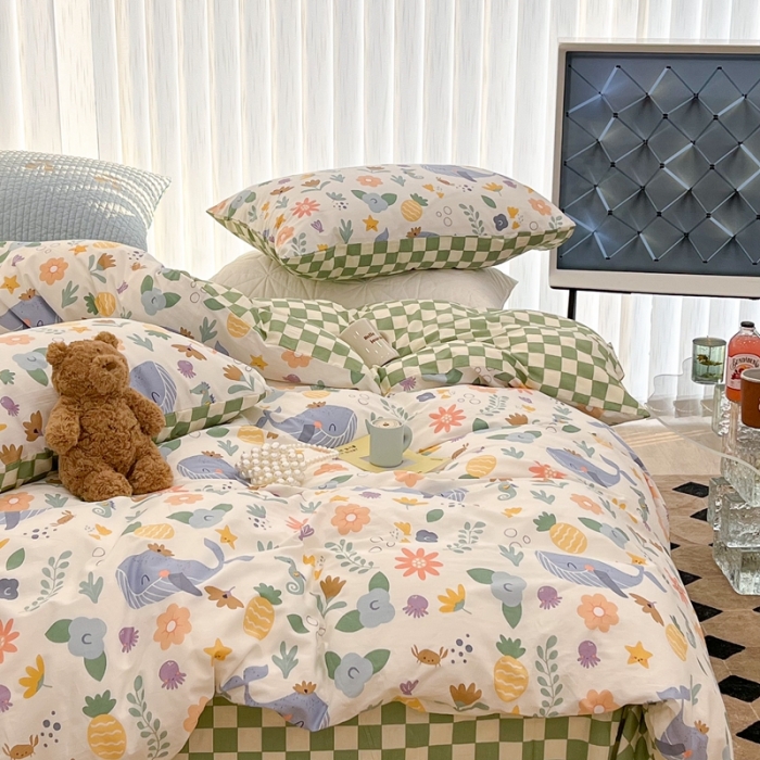 91家纺网 家纺一手货源 找家纺 昔可家纺 2022新款13372全棉普通款卡通四件套 海底鲸鱼