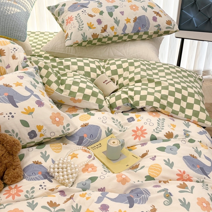 91家纺网 家纺一手货源 找家纺 昔可家纺 2022新款13372全棉普通款卡通四件套 海底鲸鱼