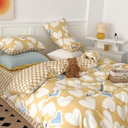 昔可家纺 2022新款13372全棉普通款爱心系列四件套 撞色爱心黄