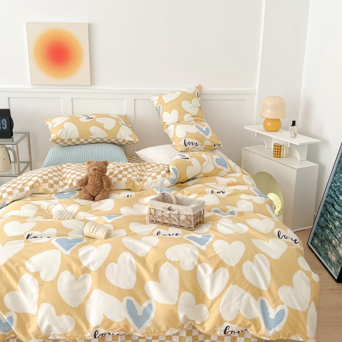 91家纺网 家纺一手货源 找家纺 昔可家纺 2022新款13372全棉普通款爱心系列四件套 撞色爱心黄